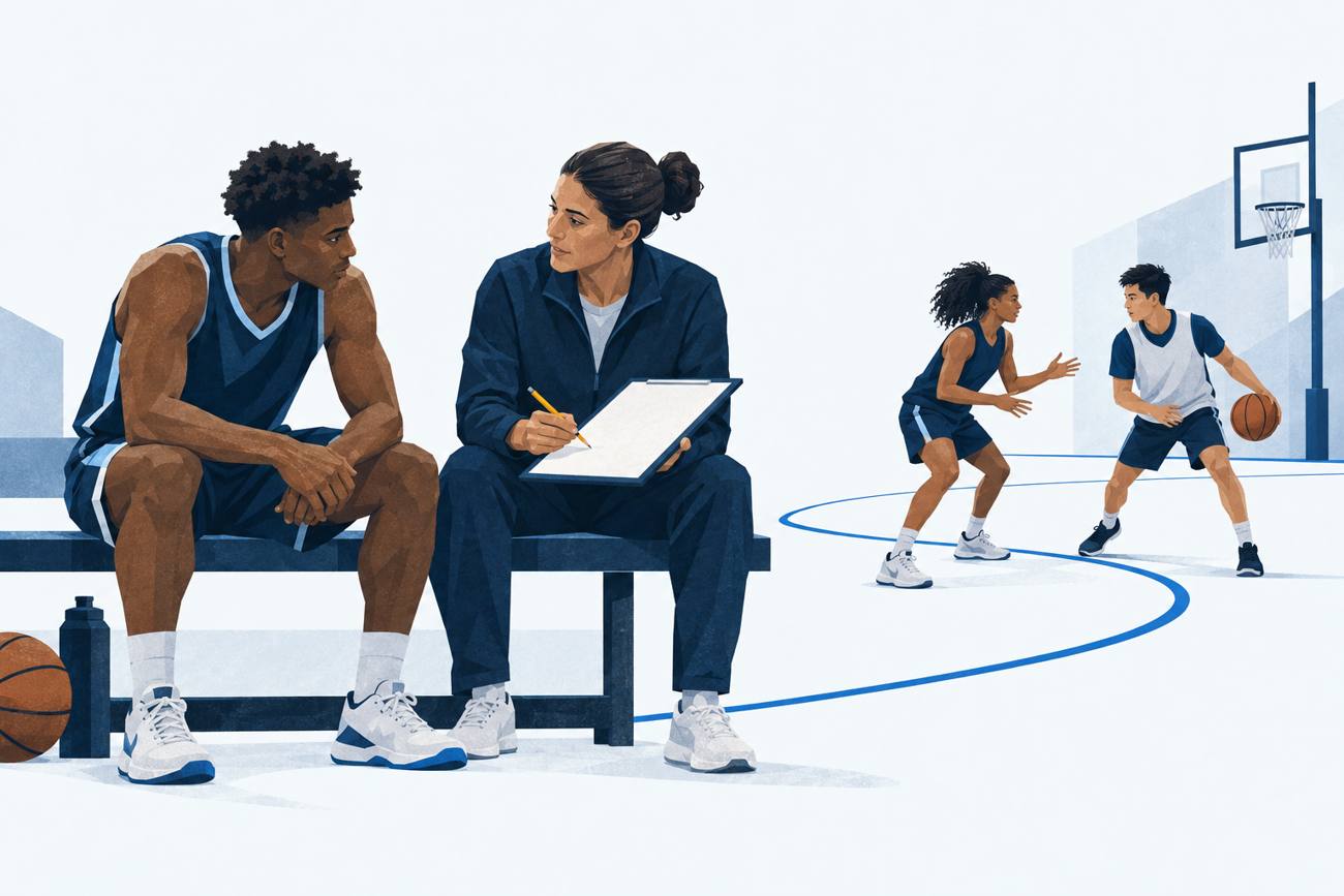 Illustration of a coach and athlete working on a plan at courtside, with teammates practicing behind them