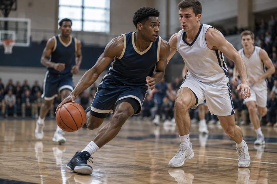 Men's basketball player driving against a defender