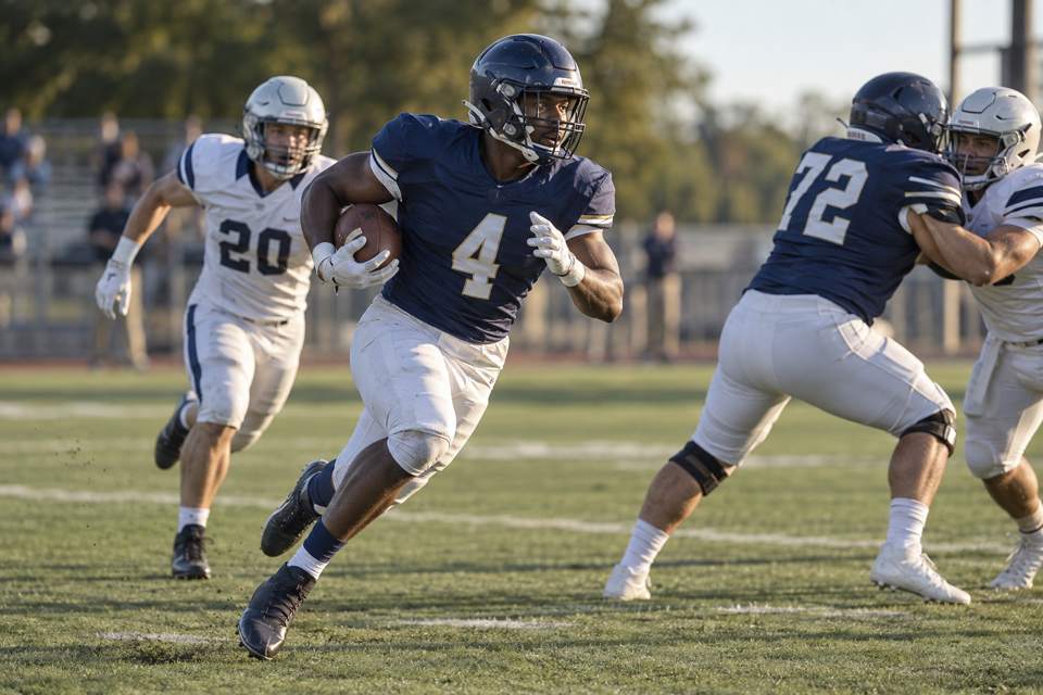 Football running back breaking through the line